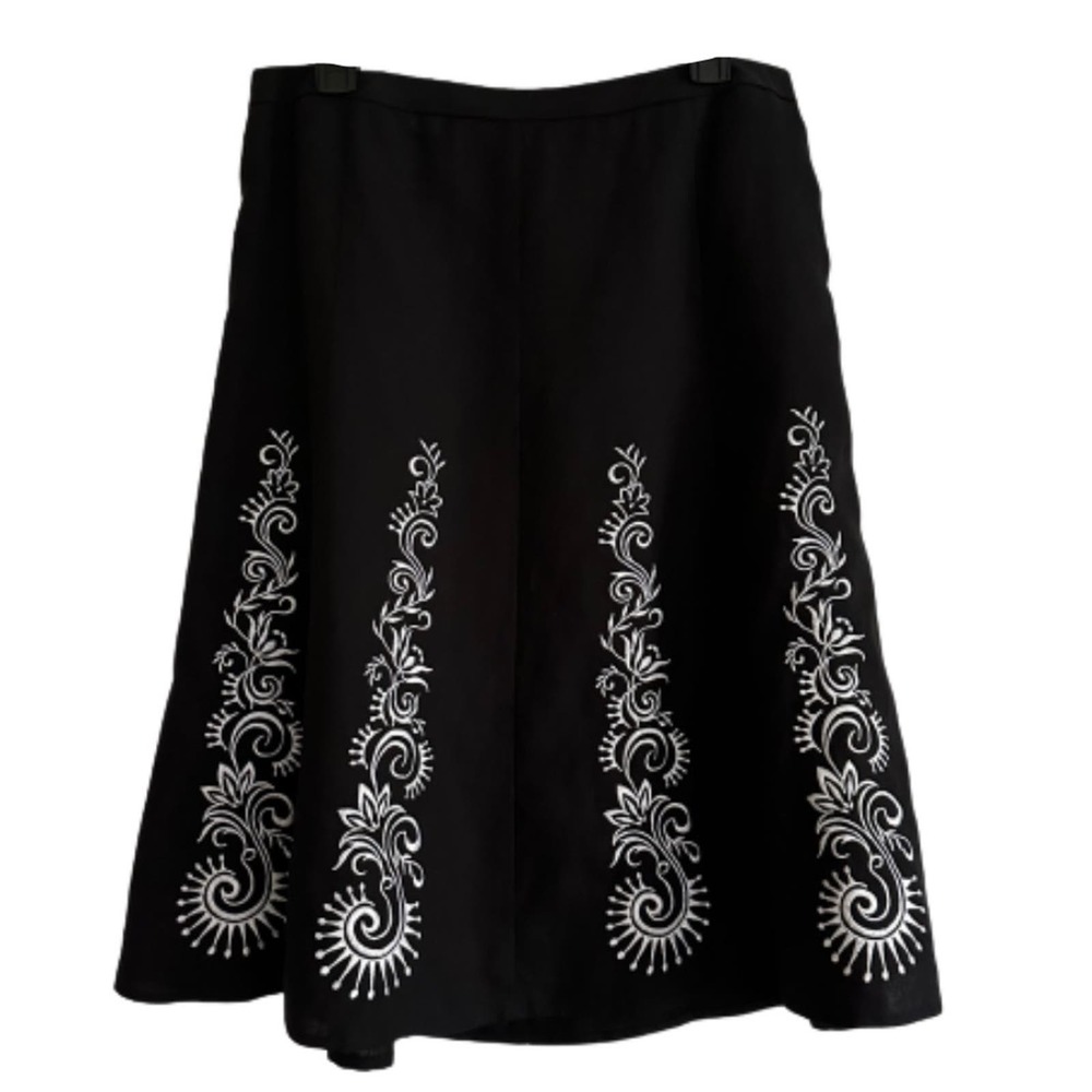 LOFT Black Midi Skirt with White Embroidered Scrolls